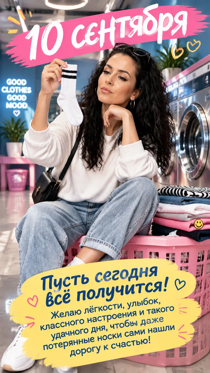 Фотосессия в современной прачечной на корзине с носком и надписью «10 сентября — Пусть сегодня всё получится!