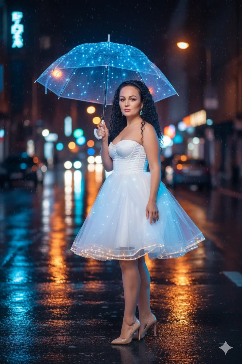 Женщина в светящемся платье стоит под прозрачным зонтом на ночной улице