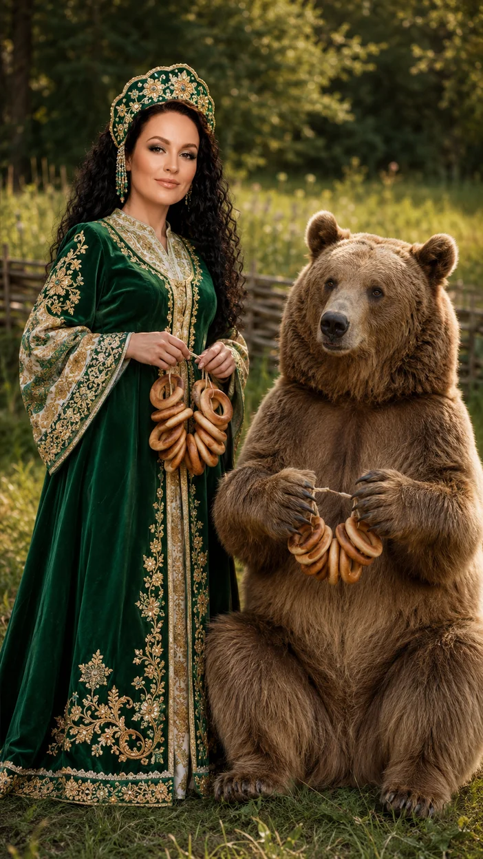 Фотосессия в зелёном русском наряде с медведем