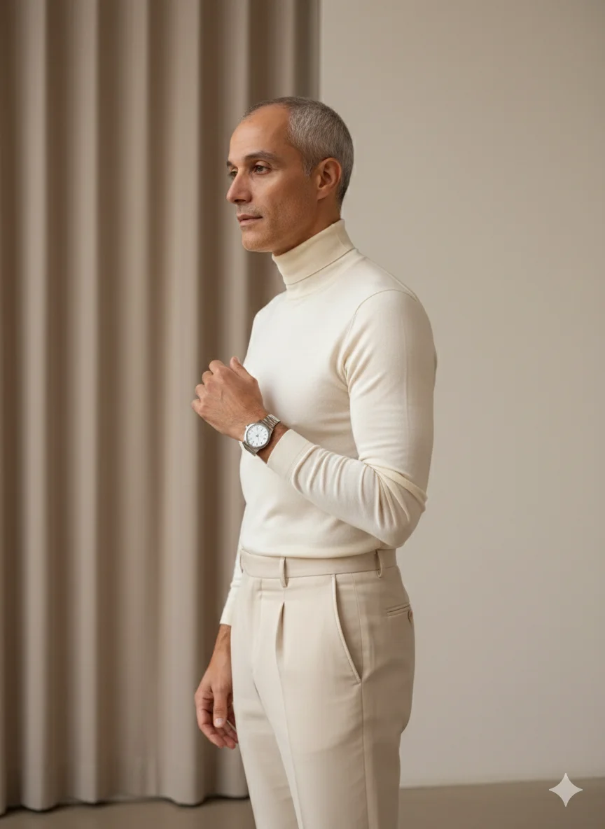 Мужчина в бежевом интерьере в молочной водолазке и брюках
