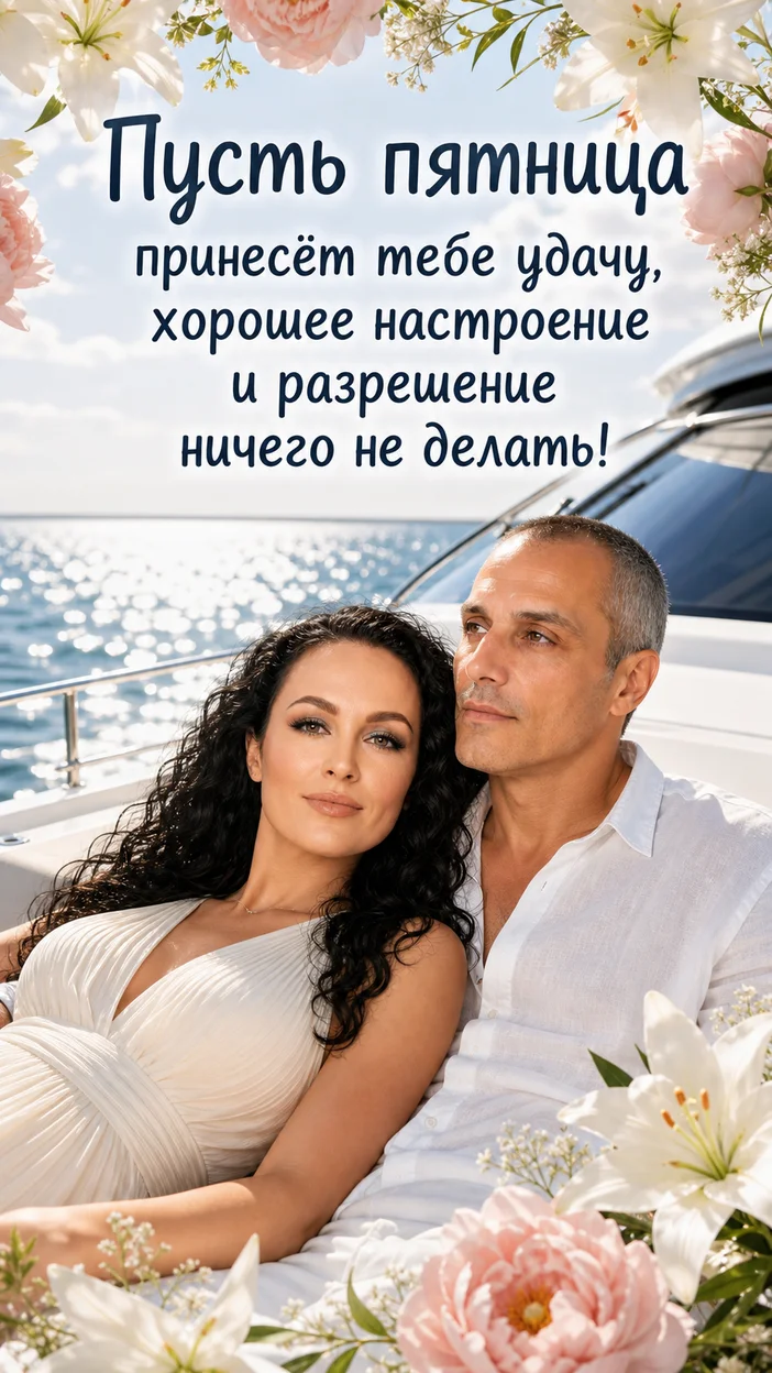 Фотооткрытка для него с текстом "Пусть пятница принесёт тебе удачу, хорошее настроение и разрешение ничего не делать!"