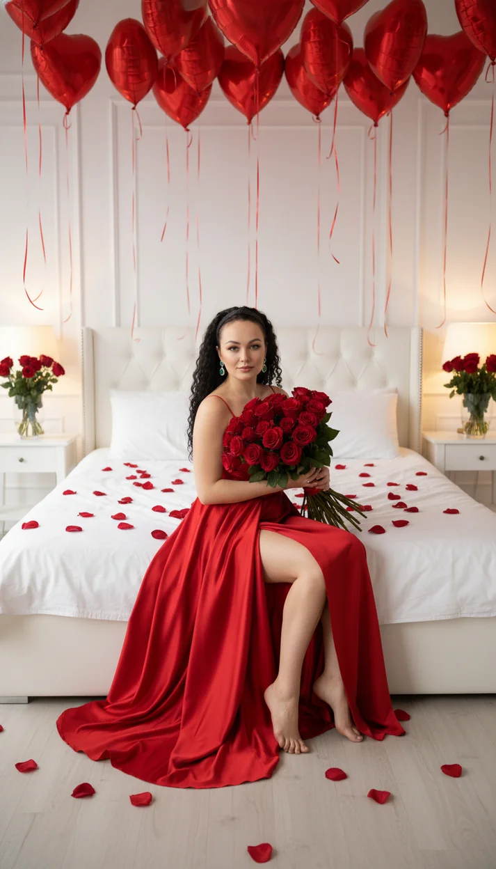 Романтическая спальня с красными шарами и букетом роз