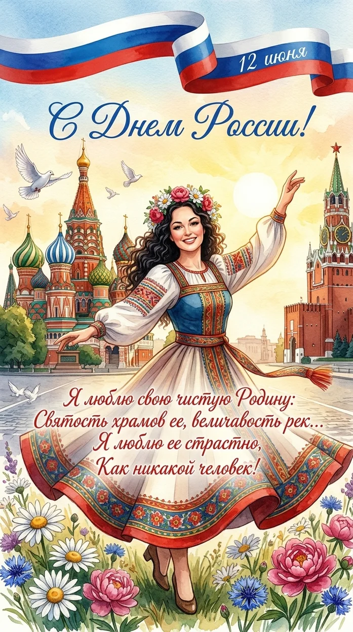 атмосферный художественный постер ко Дню России в стиле живописной праздничной открытки 