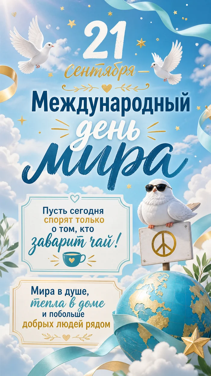 Фотосессия баннер к Международному дню мира 21 сентября с голубем на табличке, воздушное небо и золотые ленты