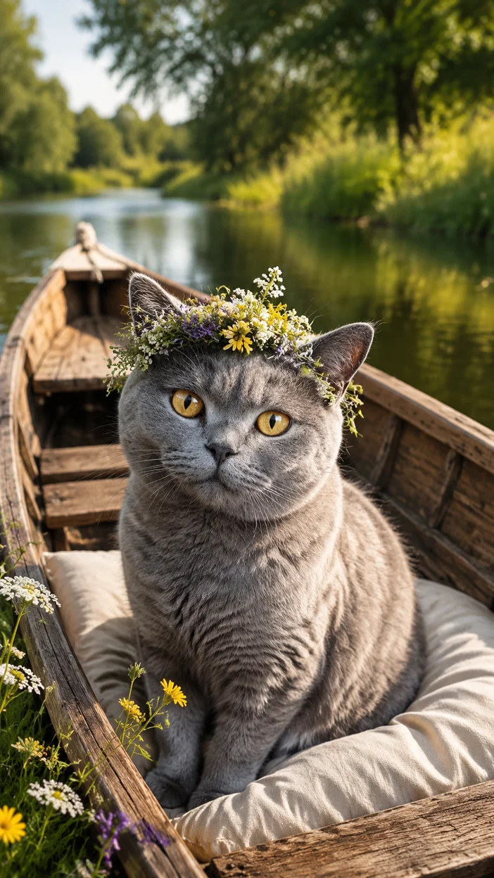 Фотосессия кошки в лодке на реке