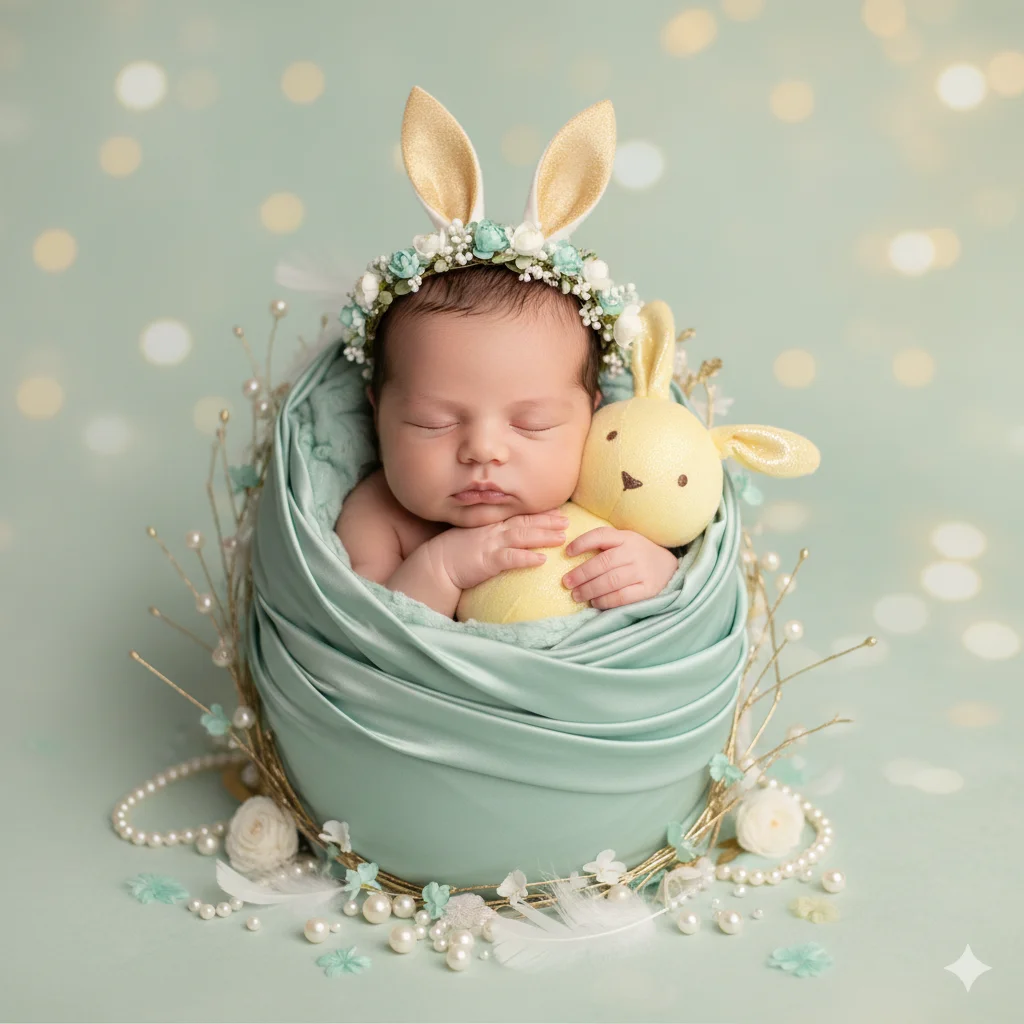 Малыш расположен в мягком мятном коконе-гнезде с шелковистой текстурой