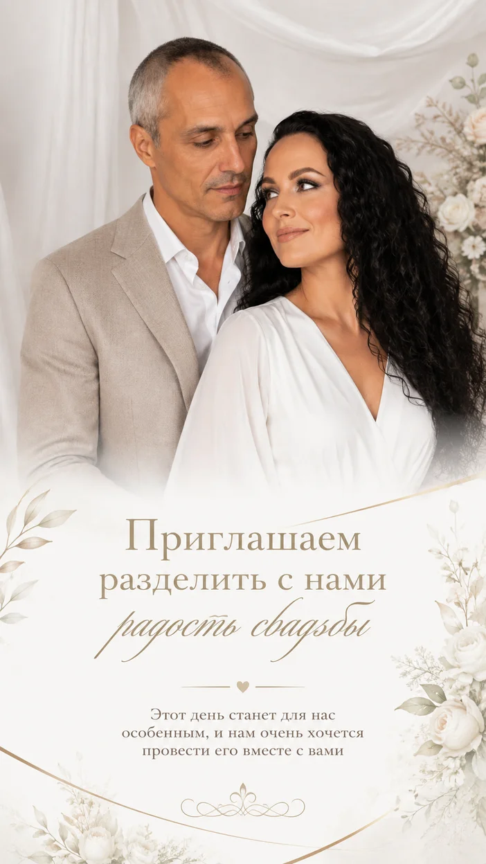 Фотооткрытка студийная с фразой «Приглашаем разделить с нами радость свадьбы»