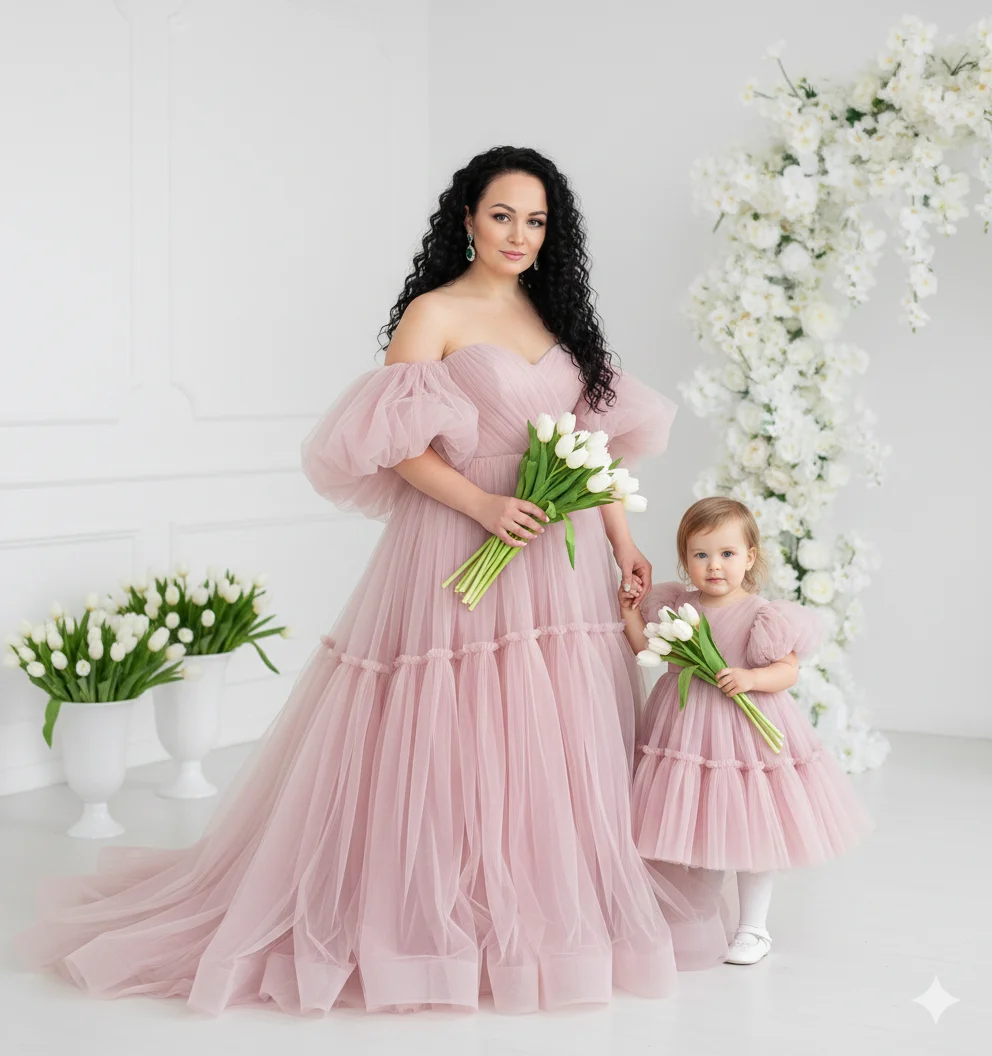 мама и дочь в пудрово-розовых платьях с тюльпанами