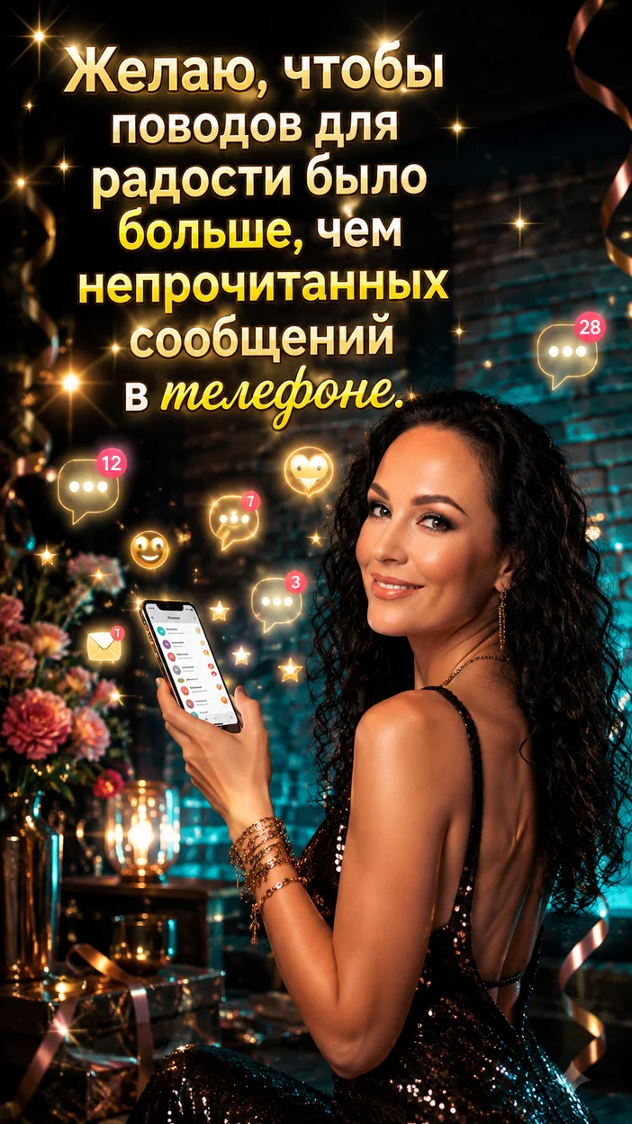 Фотооткрытка для всех с текстом "Желаю, чтобы поводов для радости было больше, чем непрочитанных сообщений в телефоне."