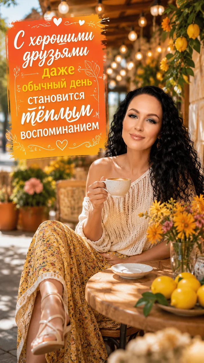 Праздничная фотооткрытка с текстом "С хорошими друзьями даже обычный день становится тёплым воспоминанием"