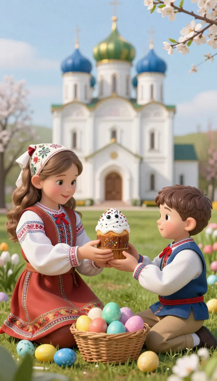 Пасхальная сцена дети с куличом и яйцами у храма