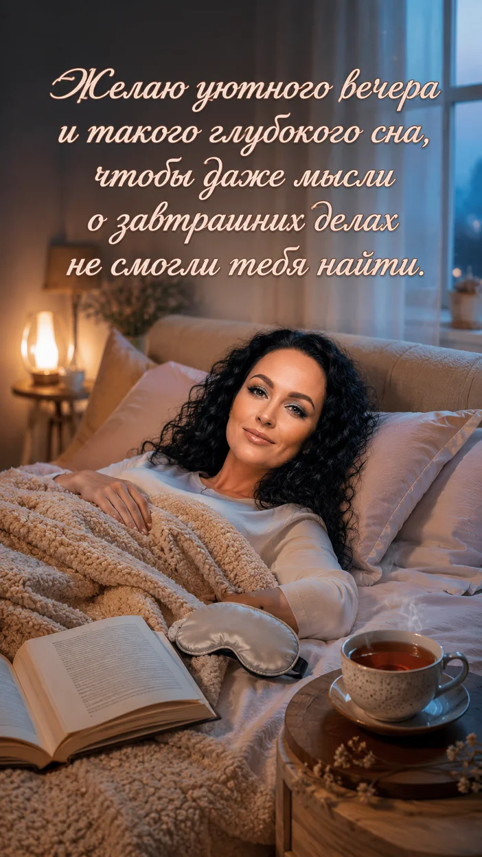 Фотооткрытка для всех с пожеланием "Желаю уютного вечера и такого глубокого сна, чтобы даже мысли о завтрашних делах не смогли тебя найти."