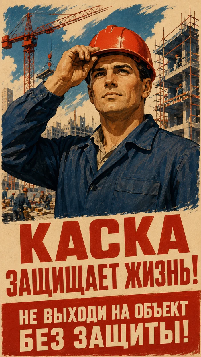 Фотосессия мужчины в каске на стройке с плакатной типографикой