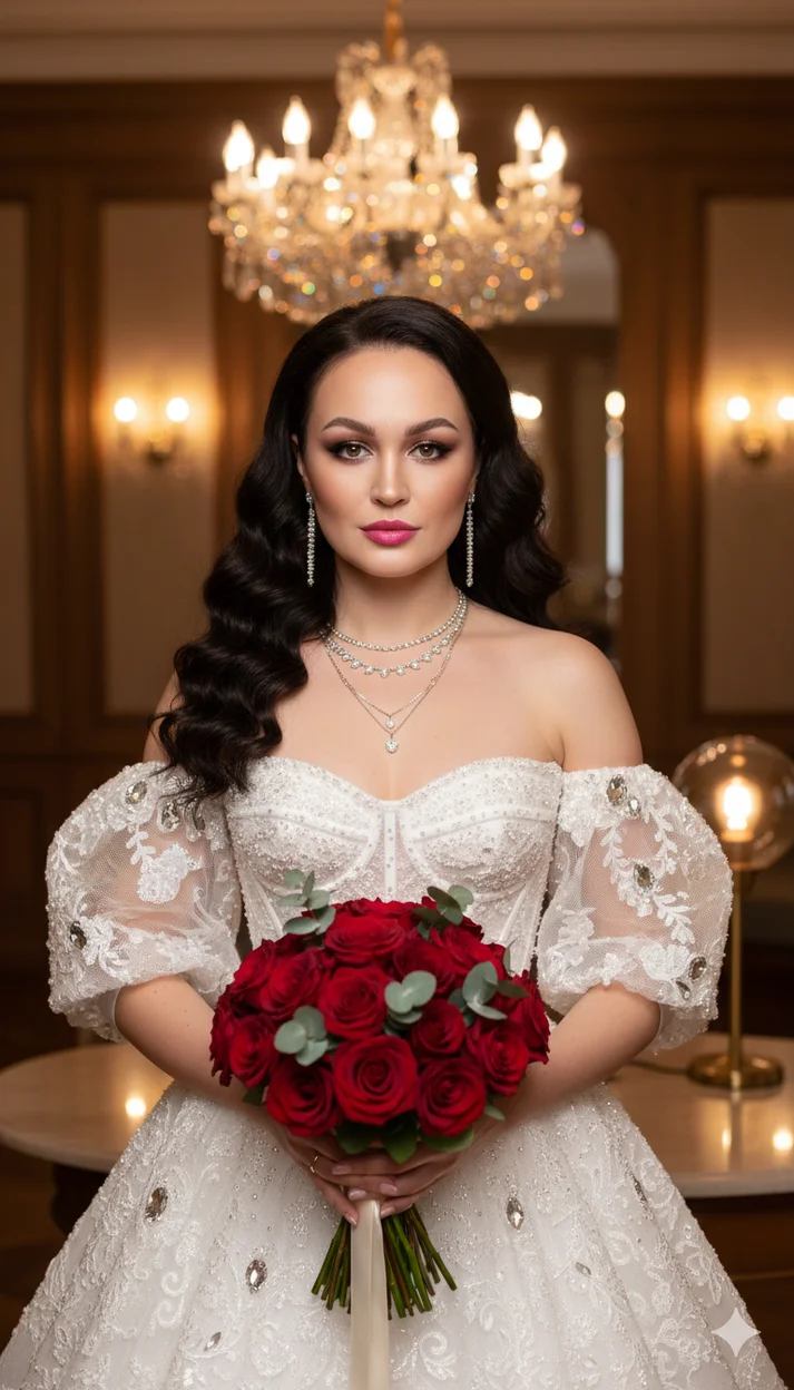 Невеста в расшитом платье с букетом алых роз