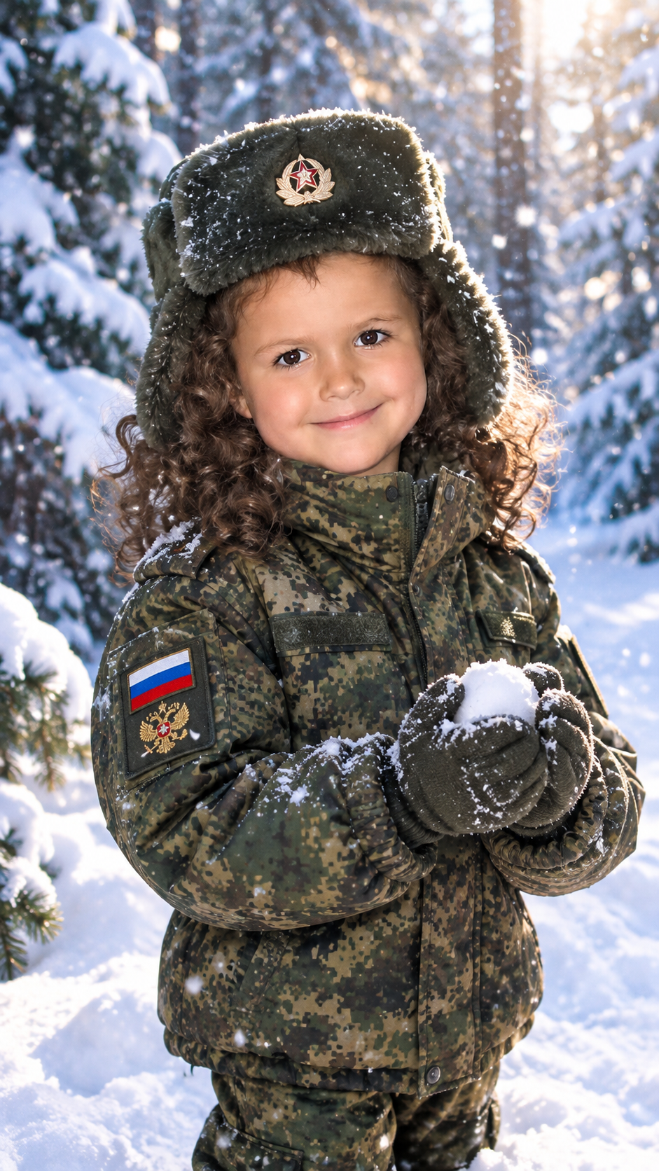 Фотосессия девочки зимой среди снега в утеплённой русской форме с шапкой, снежком и шевроном
