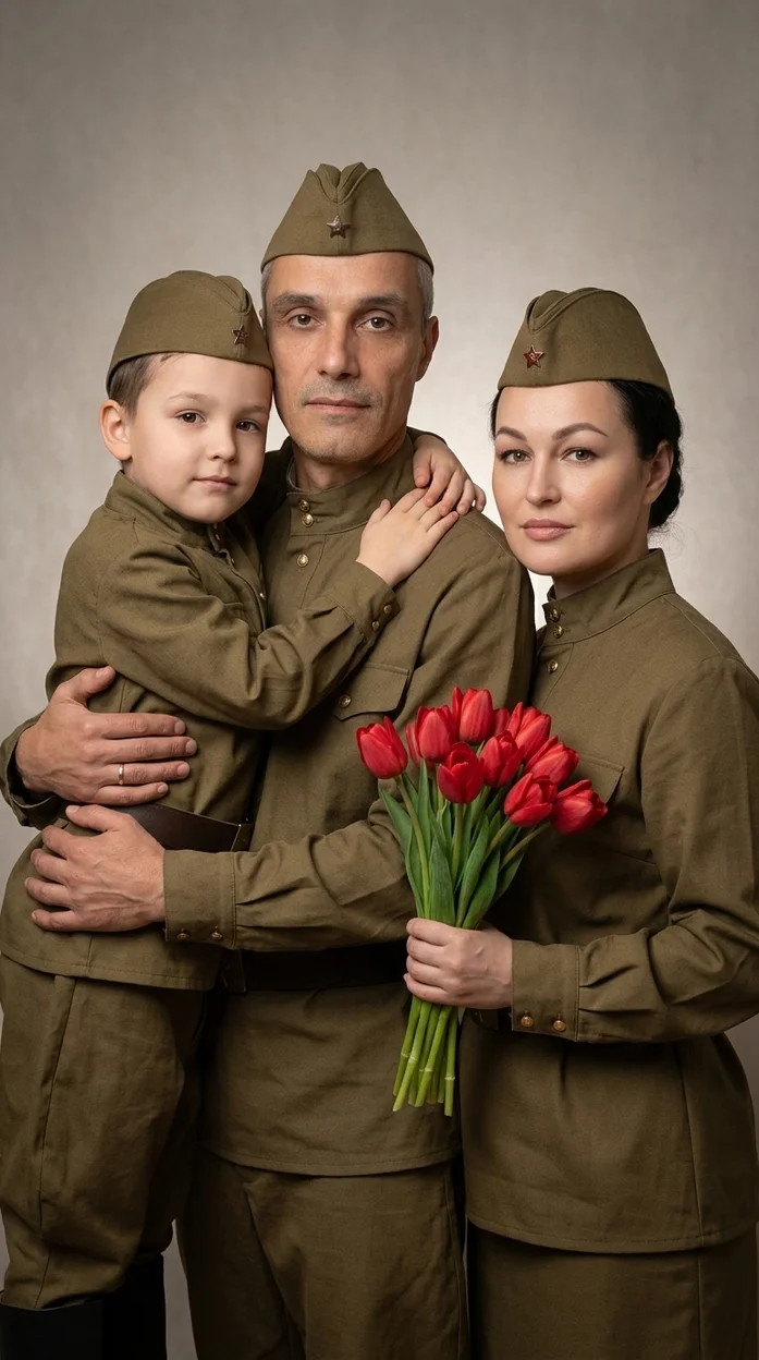  Мужчина с женщиной и ребёнком в военной форме стоят вместе(ИСПОЛЬЗОВАТЬ СТРОГО 3 ФОТО)