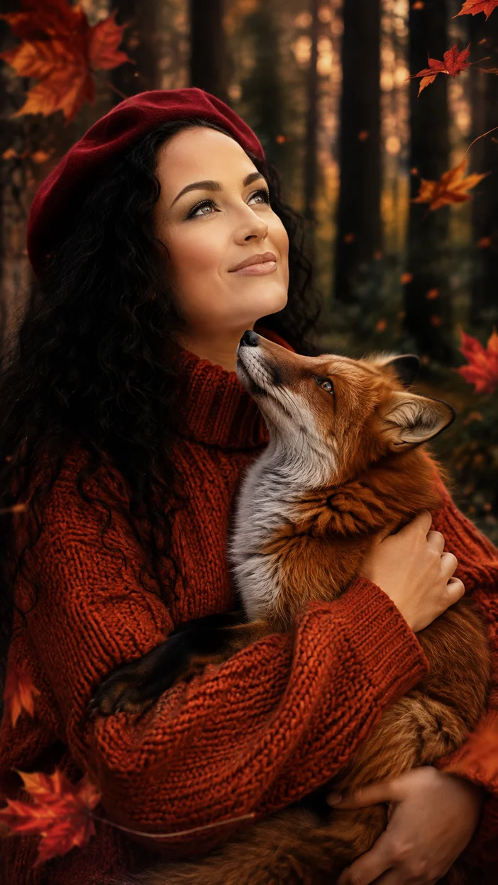 Фотосессия девушки с лисой в лесу