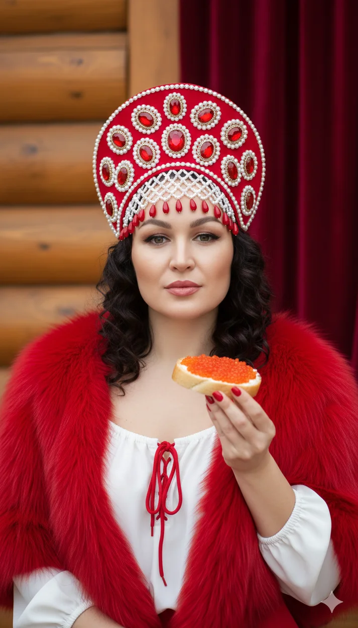 ИИ-фотосессия — Женщина у деревянного дома в красном кокошнике держит бутерброд с икрой