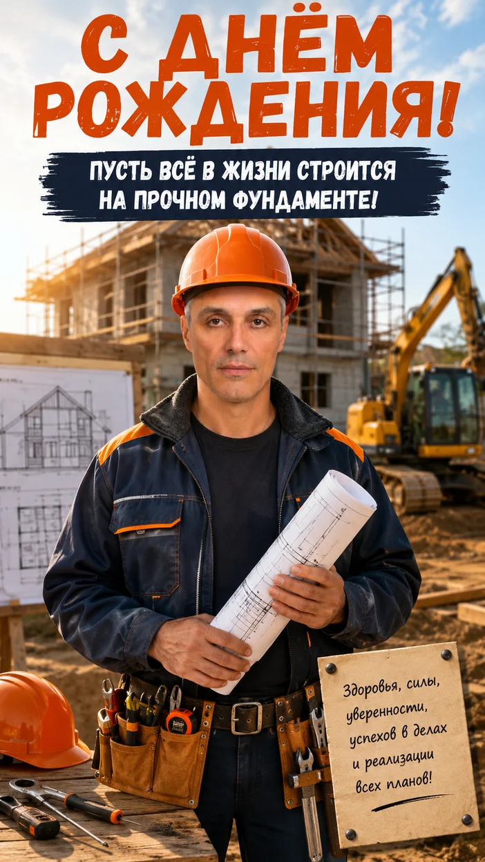 Фотосессия строитель‑праздник на стройплощадке - Открытка с пожеланием на ДР