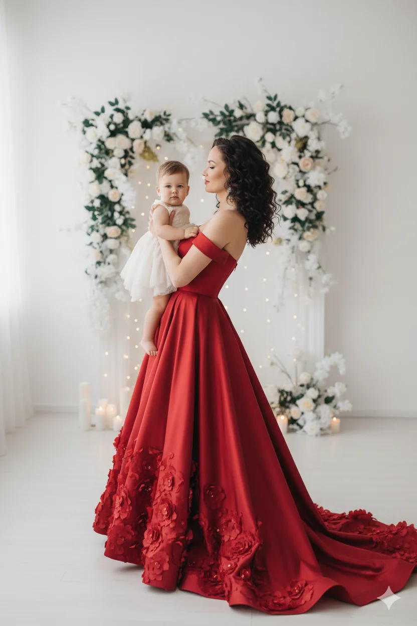 женщина в длинном пышном красном вечернем платье держит ребёнка на руках