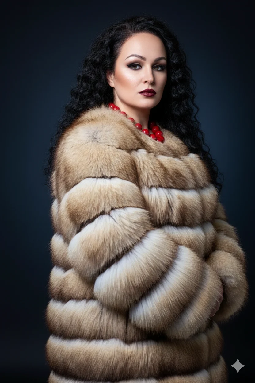 Женщина в многоярусном меховом пальто с красным ожерельем