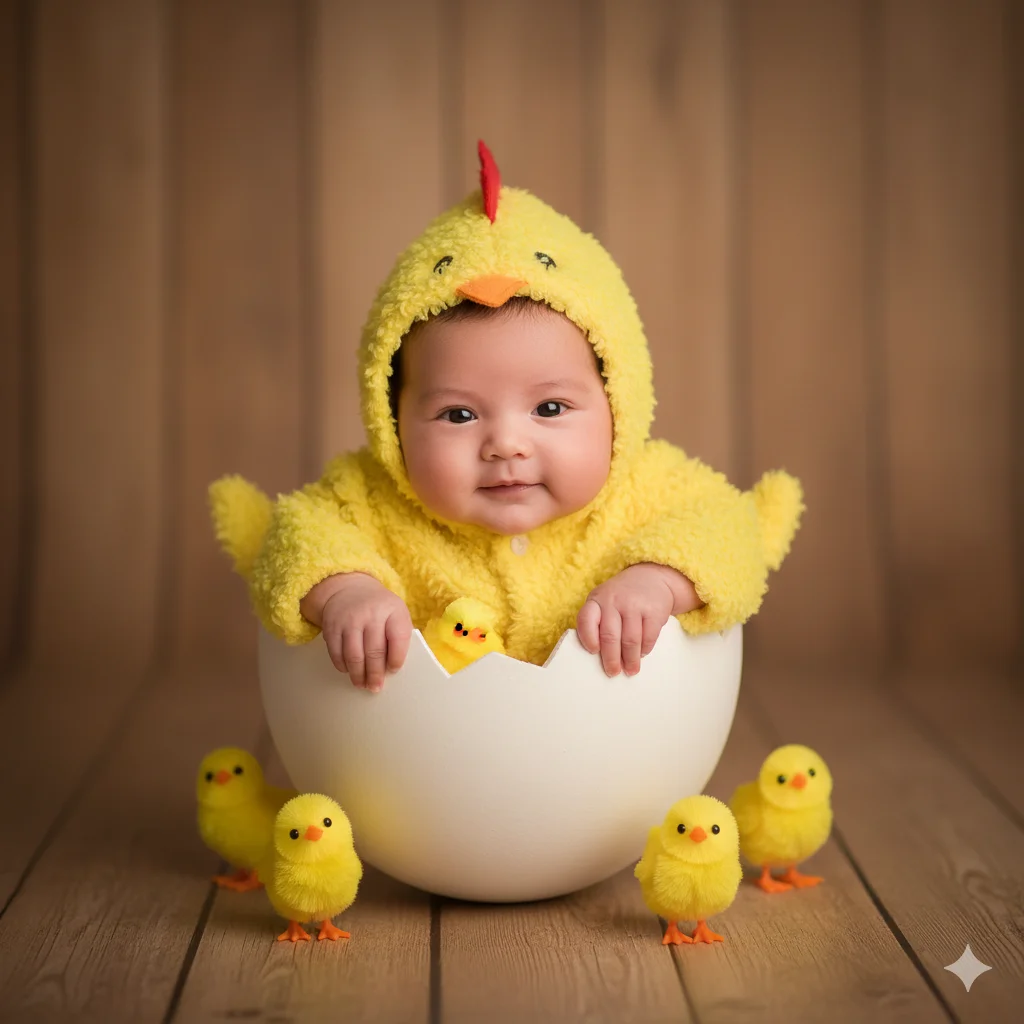 Малыш сидит в центре кадра в половинке разбитого яйца-скорлупы