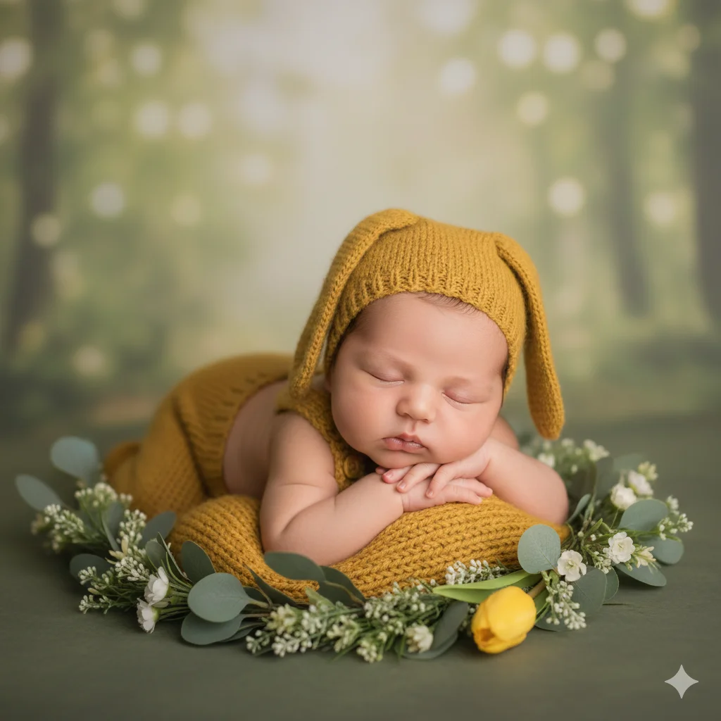 Вокруг малыша композиция из мягкой зелени и цветов: