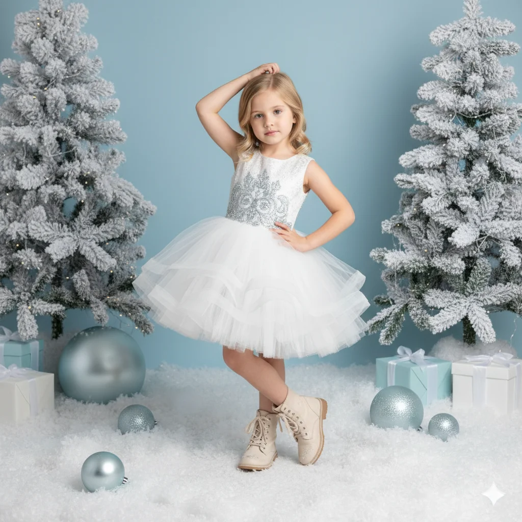 Ребёнок в зимней студийной сказке среди заснеженных декораций в белом платье