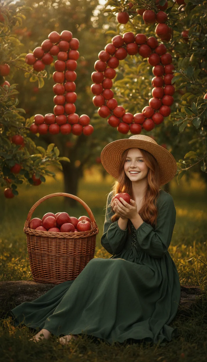   Фотосессия на 10 лет в яблоневом саду с корзиной яблок