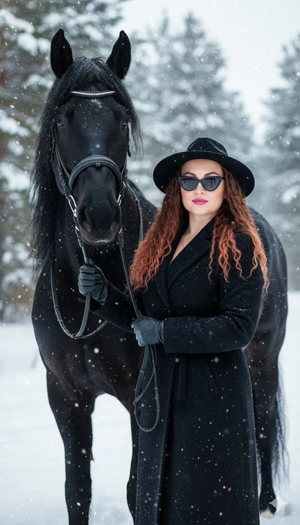 Зимняя элегантность с вороным конем