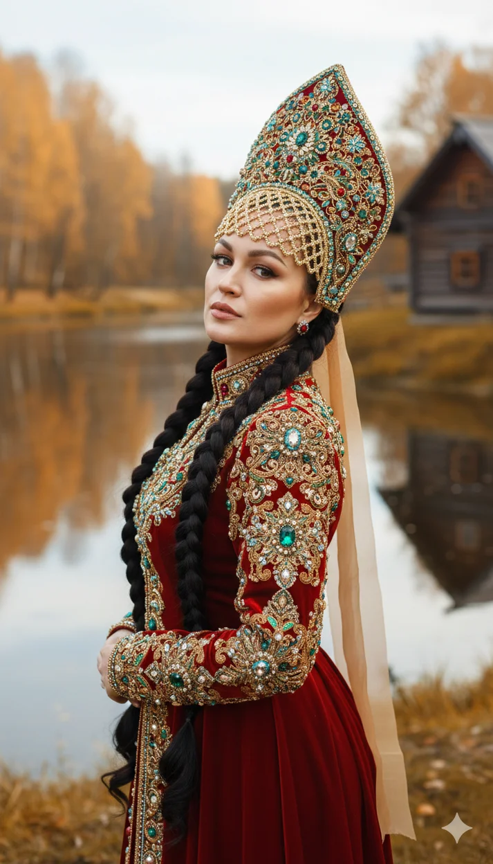 Женщина у реки осенью в красном расшитом наряде  - русский образ 