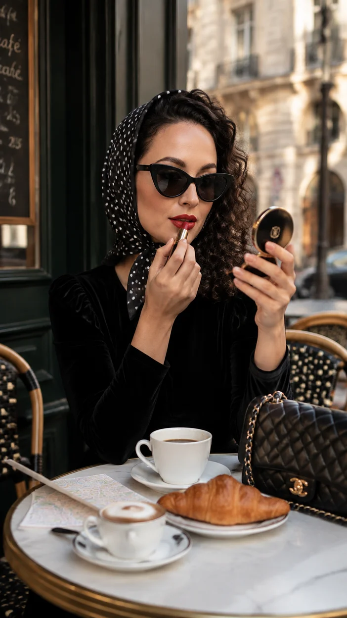 Фотосессия женщины в чёрном платье в парижском кафе