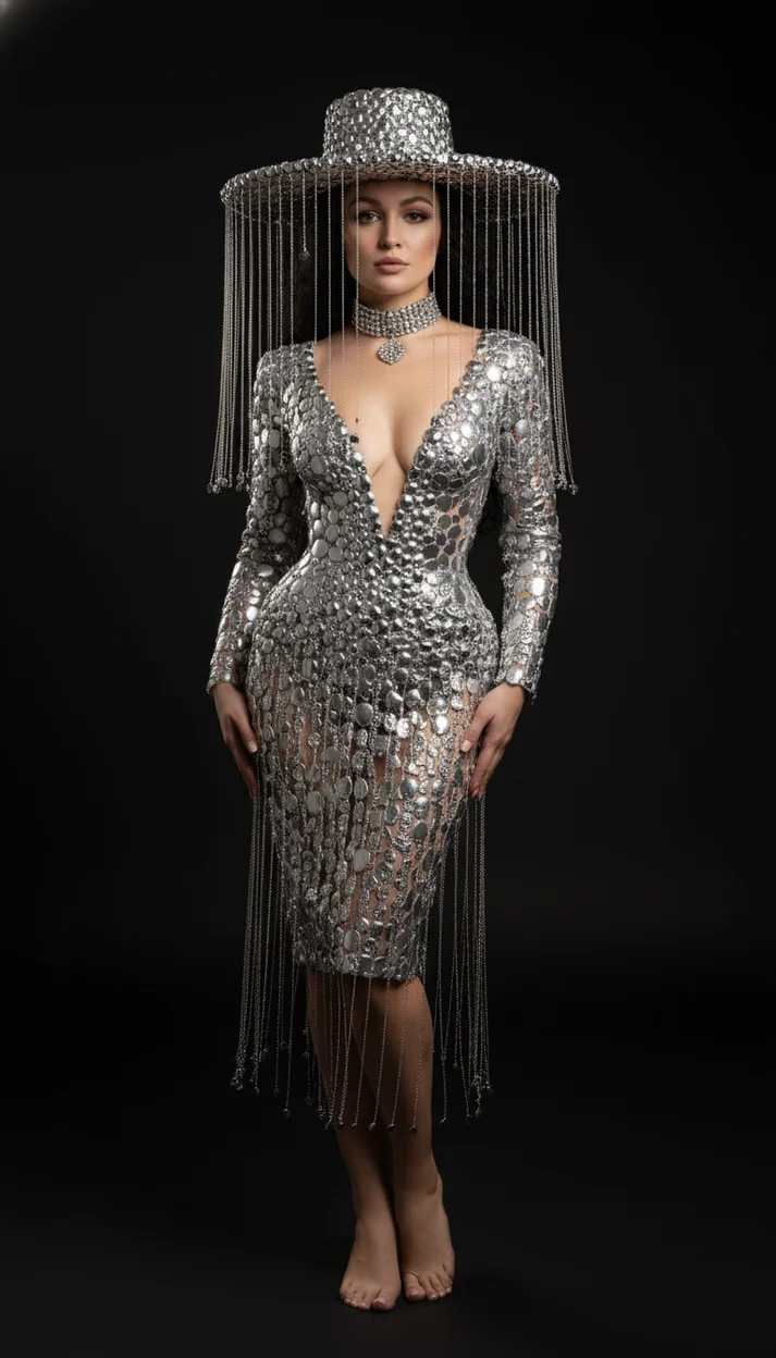  Девушка в серебряной конструкции с широкополой шляпой