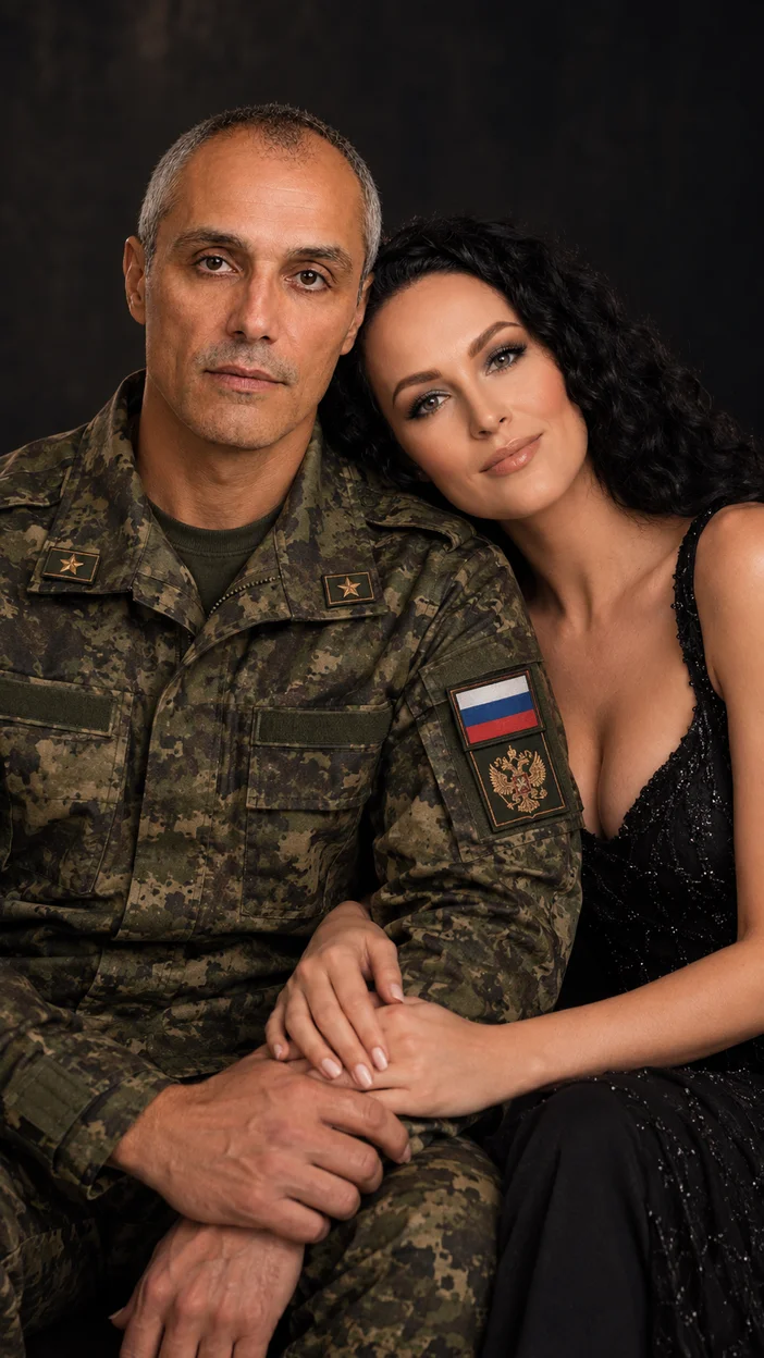 Фотосессия парный студийный портрет с мужчиной в русской военной форме и женщиной в вечернем платье