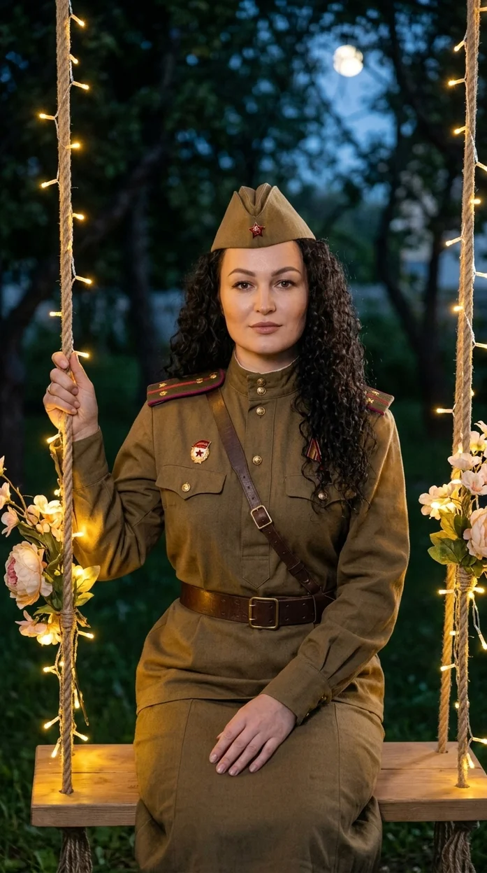  сцена в ночном саду в военной форме 