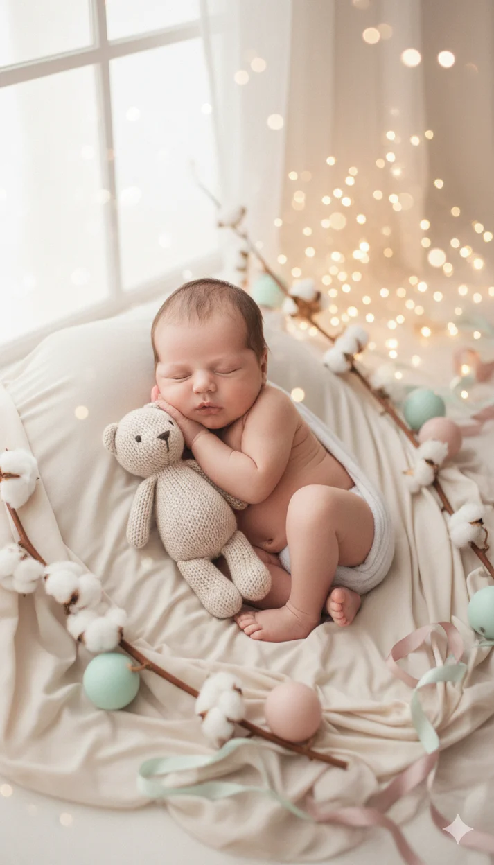  малыш лежит на боку, обнимает вязаного медвежонка