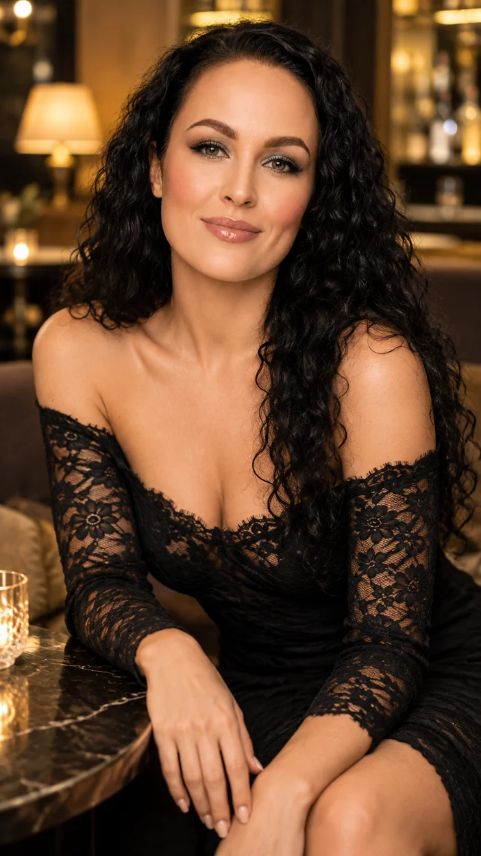 Фотосессия девушка в чёрном кружевном платье в уютном вечернем lounge‑баре