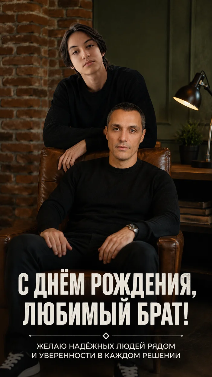 Фотосессия братья в лофте у кожаного кресла - Открытка на день рождения  