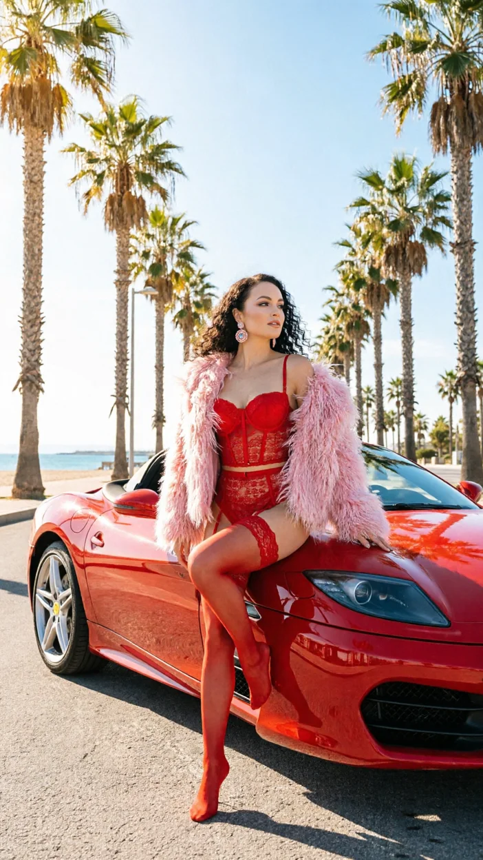 Пальмы и красный кабриолет