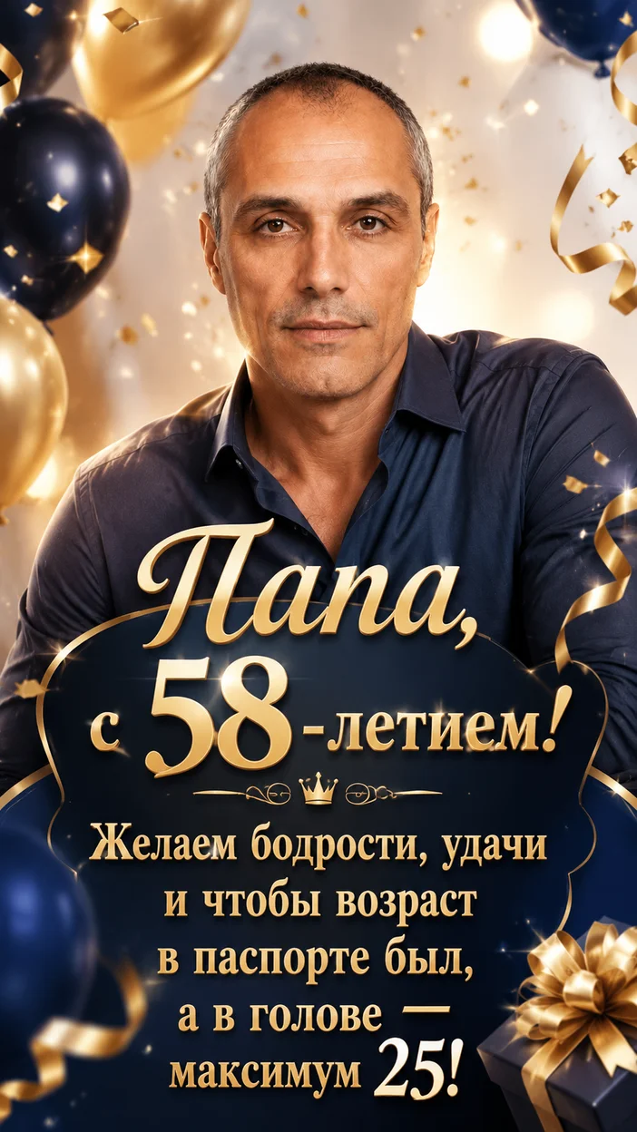 Фотооткрытка для папы на 58 лет с надписью «Папа, с 58-летием! Желаем бодрости, удачи и чтобы возраст в паспорте был, а в голове — максимум 25!»