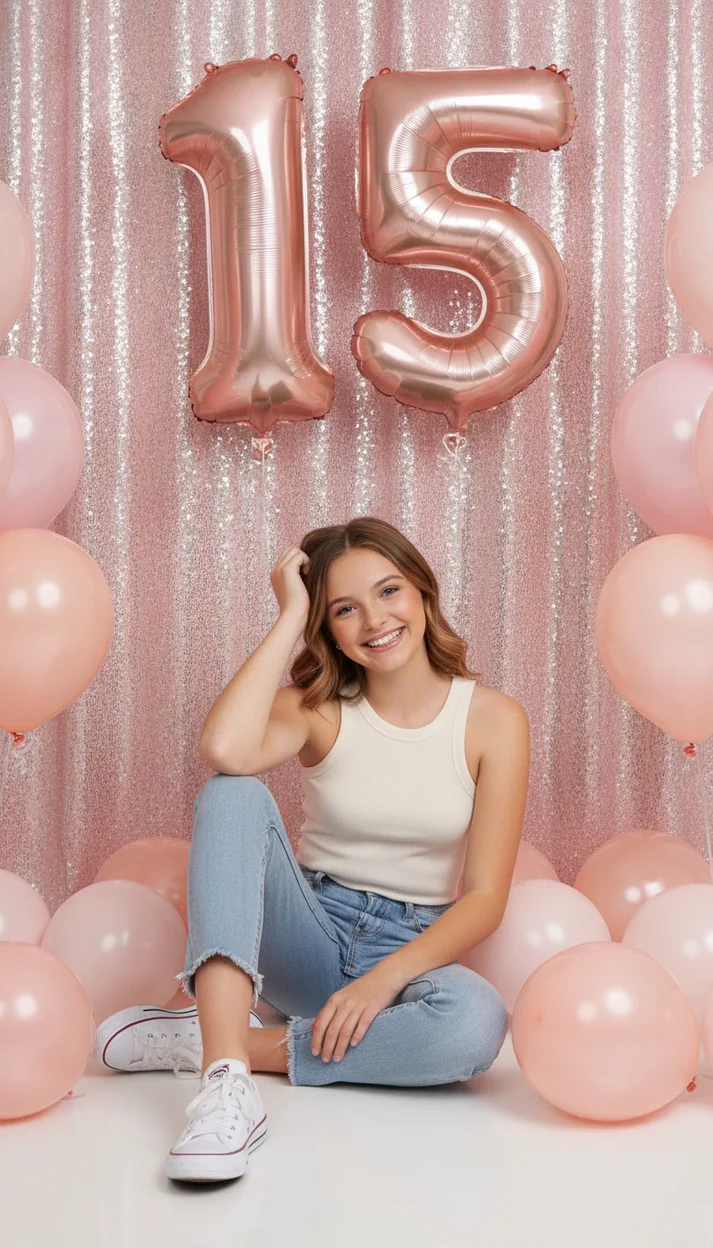 Фотосессия на 15 лет с шарами 15 на розовом фоне