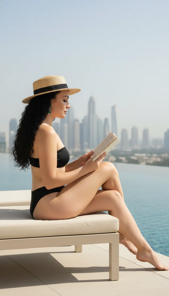 Девушка в чёрном купальнике на краю бассейна с книгой