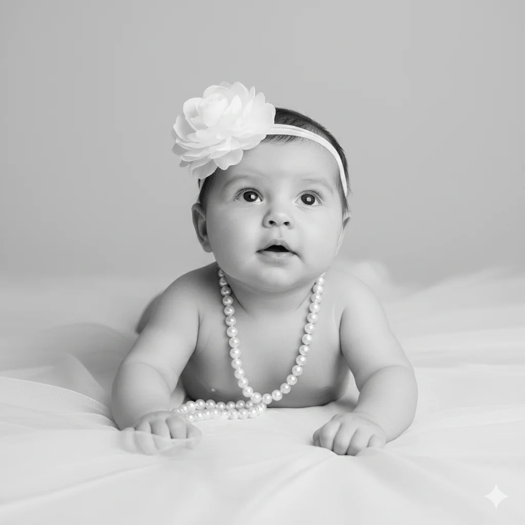 Малыш в жемчужных бусах и цветочной повязке смотрит вверх