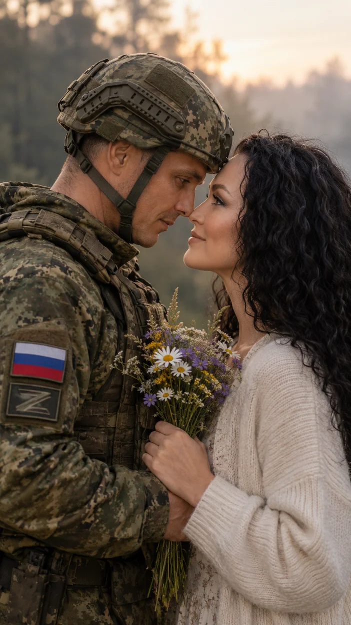 Фотосессия кинематографичная встреча на природе мужчина в русской военной форме с букетом и женщина в повседневном образе