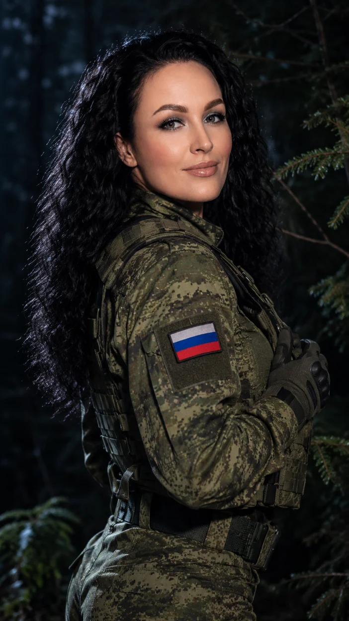 Фотосессия ночной лес — военный портрет девушки в российском камуфляже через плечо