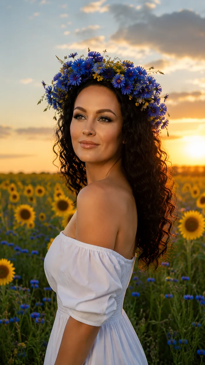 Фотосессия девушки в белом платье среди подсолнухов и васильков