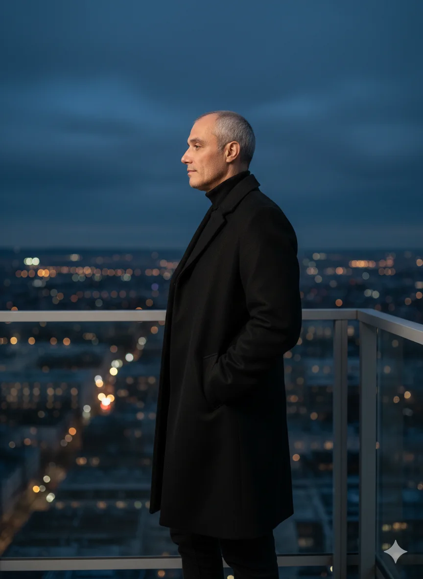 Мужчина в чёрном пальто стоит в профиль на балконе с видом на ночной город