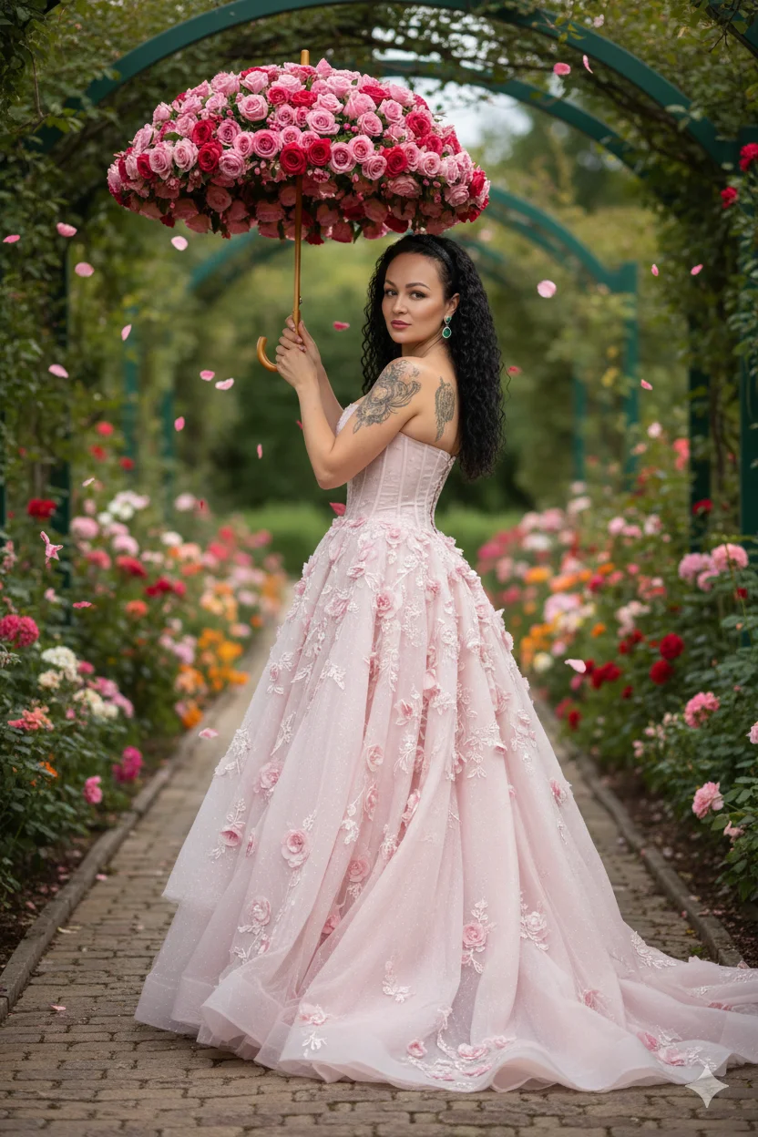 Женщина в розовом корсетном платье с большим цветочным зонтом идёт по садовой аллее