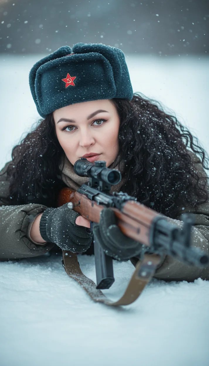  Женщина в зимней военной форме с винтовкой лежит в снегу