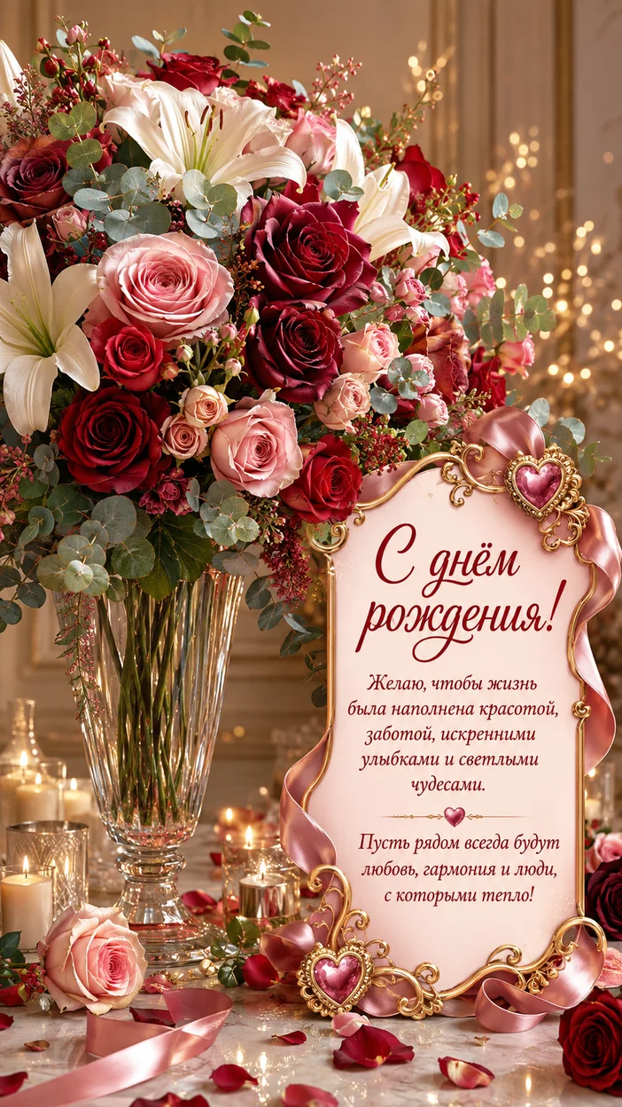 Фотооткрытка с поздравлением «С днём рождения!» (бордово-красная композиция)
